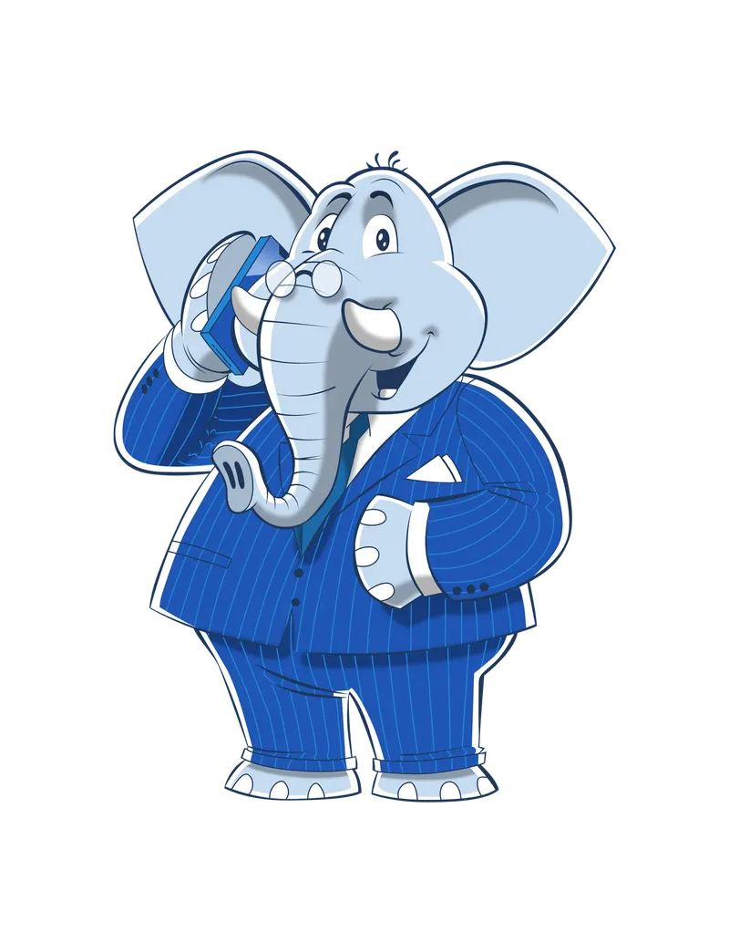 Justice, the LegalFix mascot—an elephant in a blue pinstripe suit