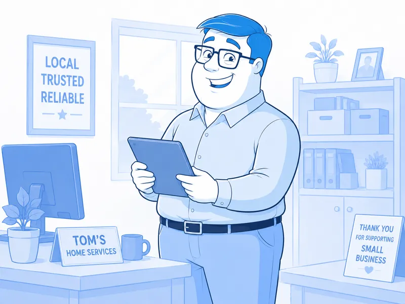 Illustration of a smiling small-business owner reading a tablet in his office