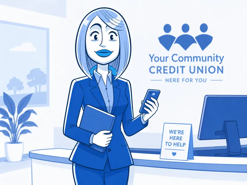 Illustration of a benefits broker holding a folder and phone in a credit union branch