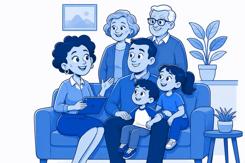 Illustration of a family with young children and grandparents gathered on a couch while the mother holds a tablet