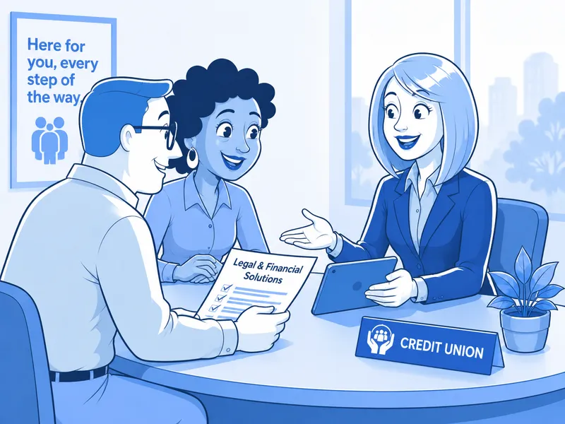 Illustration of a credit union representative showing a couple a legal and financial solutions brochure at her desk