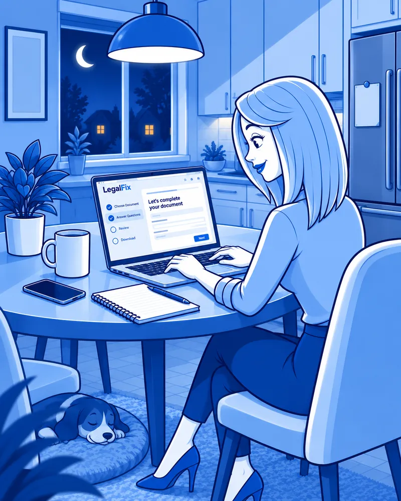 Illustration of a woman at her kitchen table in the evening, completing a legal document on her laptop