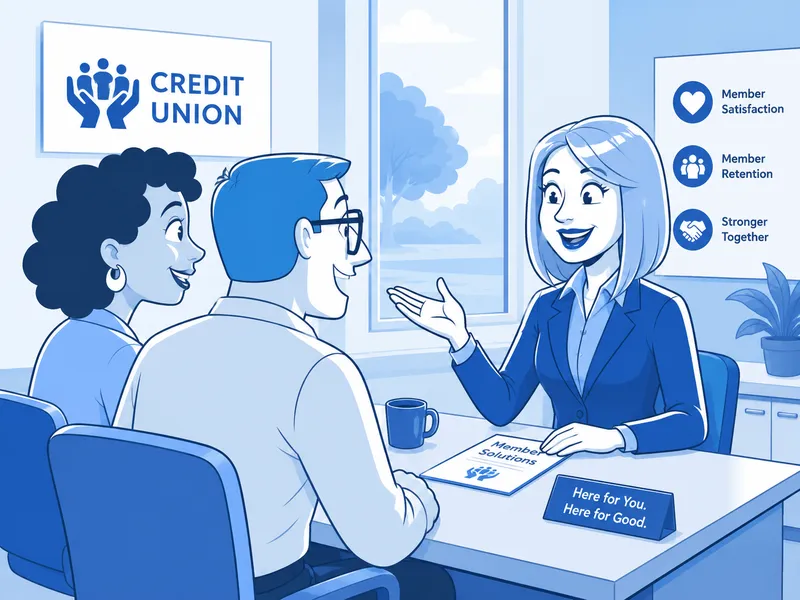 Illustration of a credit union representative smiling as she talks with a couple across her desk