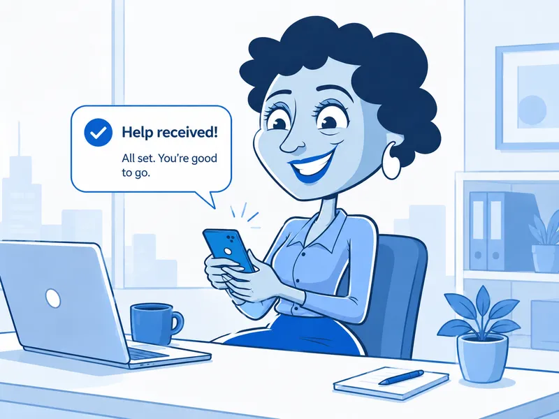 Illustration of a smiling woman at her desk reading a message on her phone that says help received