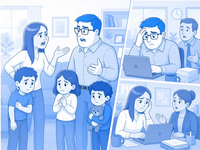Illustration of employees in an office discussing paperwork and legal documents