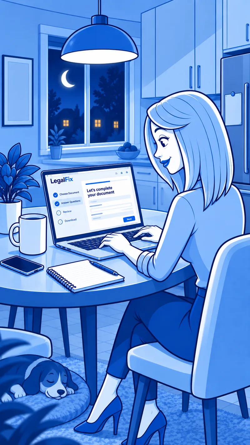Illustration of a woman completing a legal document on a laptop at her kitchen counter late in the evening