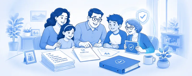 Illustration of a multigenerational family reviewing estate planning documents together at a table