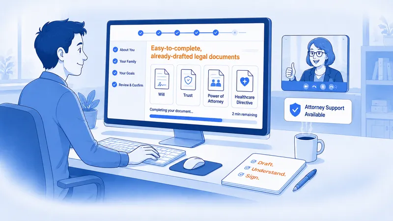 Illustration of a person at a computer completing estate planning documents such as a will, trust, power of attorney, and healthcare directive