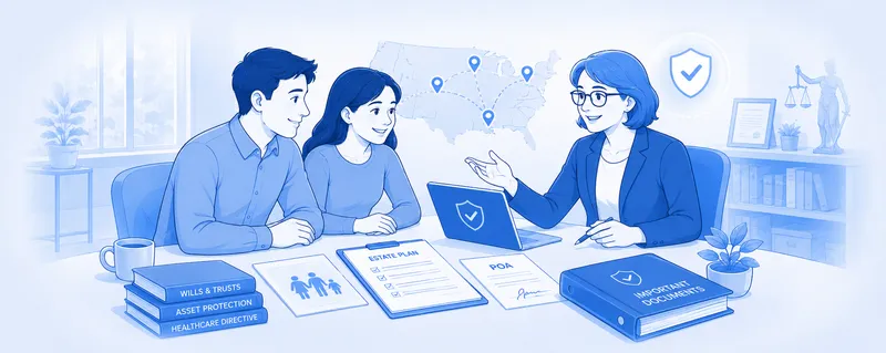 Illustration of an advisor showing a couple the policyholder benefit on a laptop