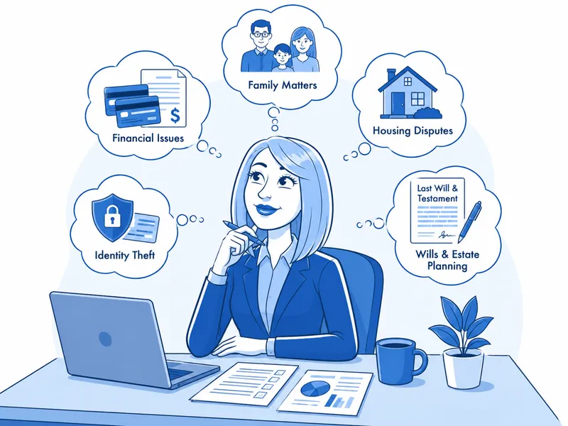 Illustration of an employee at her desk thinking about financial issues, family matters, housing disputes, wills, and identity theft