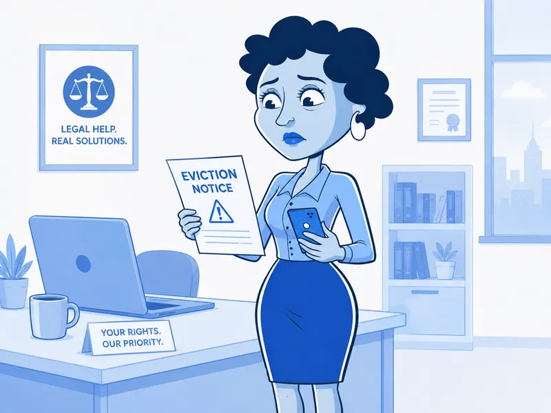 Illustration of a worried employee in an office reading an eviction notice while holding her phone