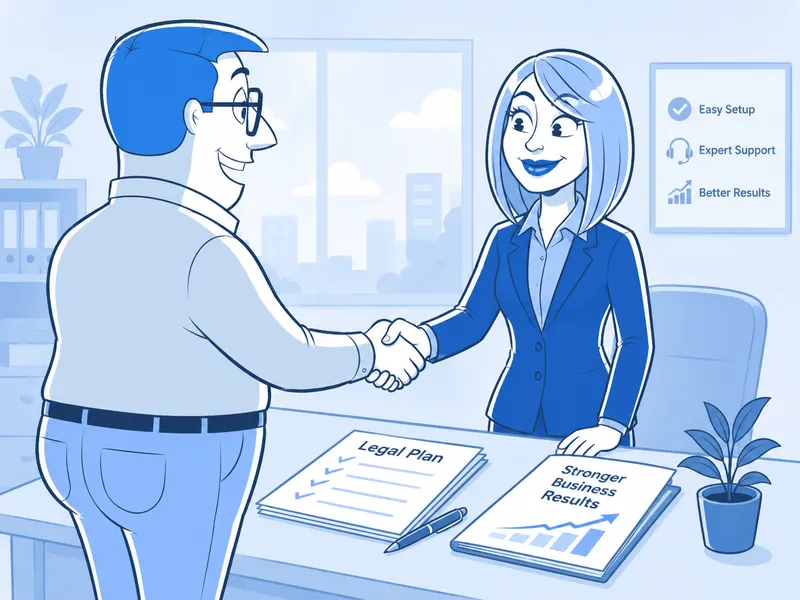 Illustration of a PEO representative shaking hands with a business owner over a legal plan document