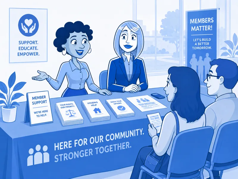 Illustration of two benefits representatives at a community table explaining member resources to a couple